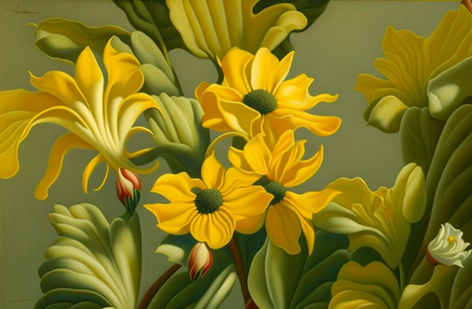 Vibrant yellow flowers with large petals and green foliage in a nature-themed painting