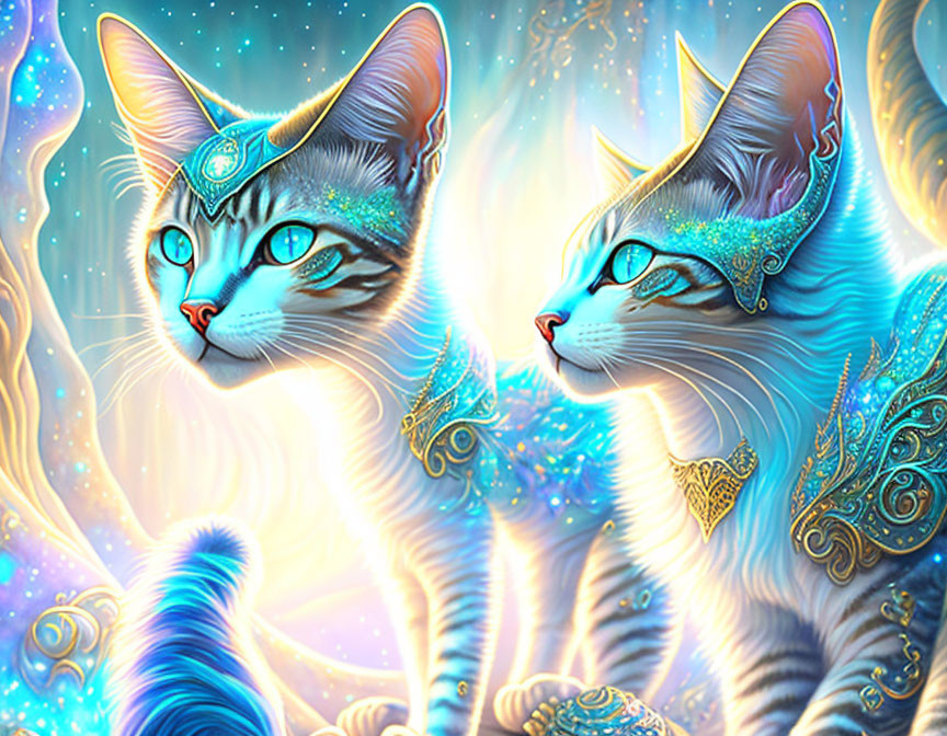 Ornately adorned mystical cats with blue and gold patterns on celestial backgrounds