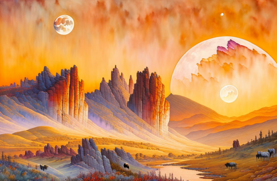 Fantasy landscape painting with two moons, colorful sky, rock formations, river, and wild horses.