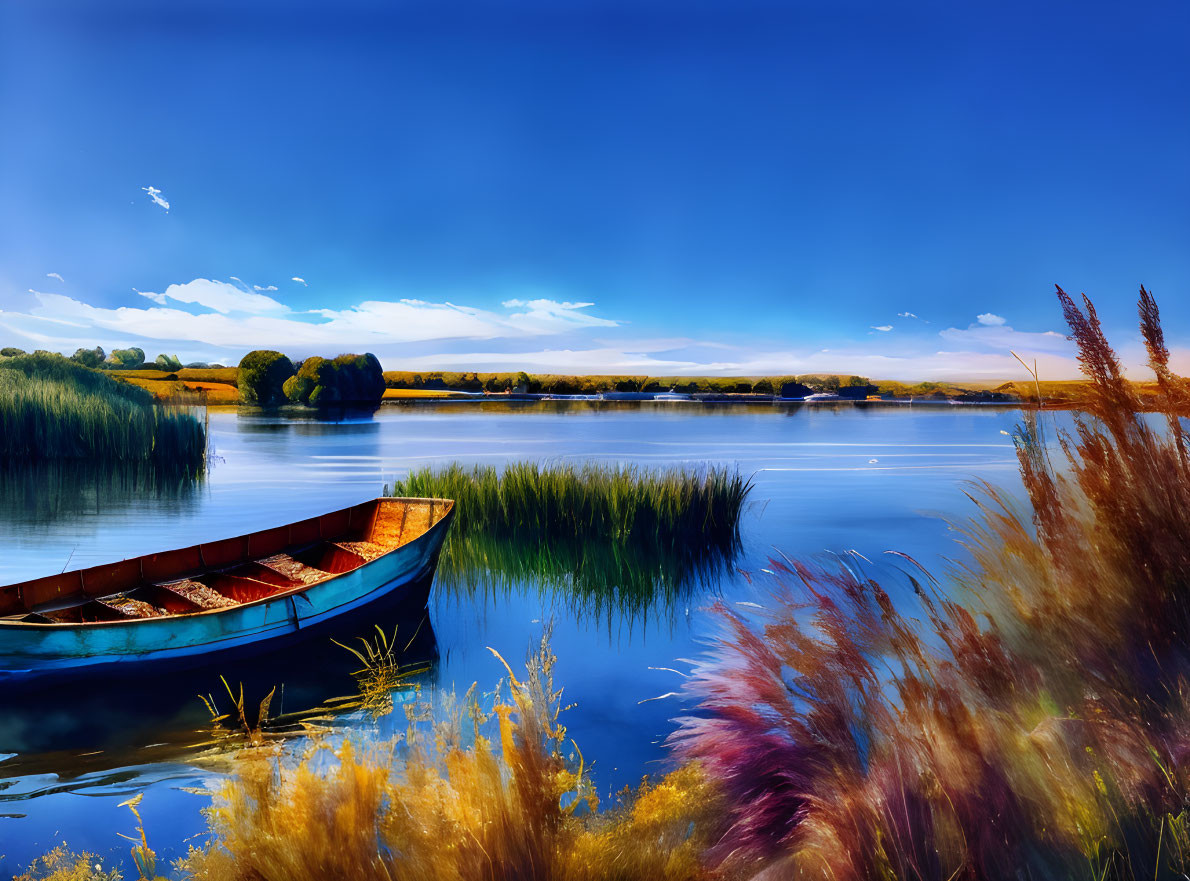 Tranquil lake scene with blue boat, reeds, and vibrant sky