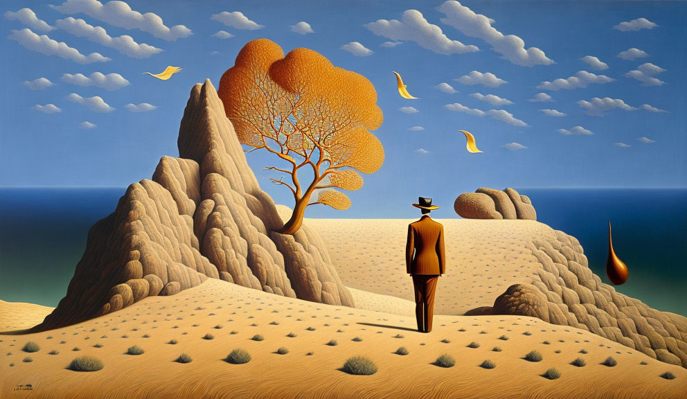 Surreal painting: person in hat and suit in desert with autumn tree, rocks, floating leaves