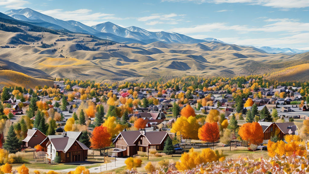 Colorful autumn town nestled in valley with rolling hills