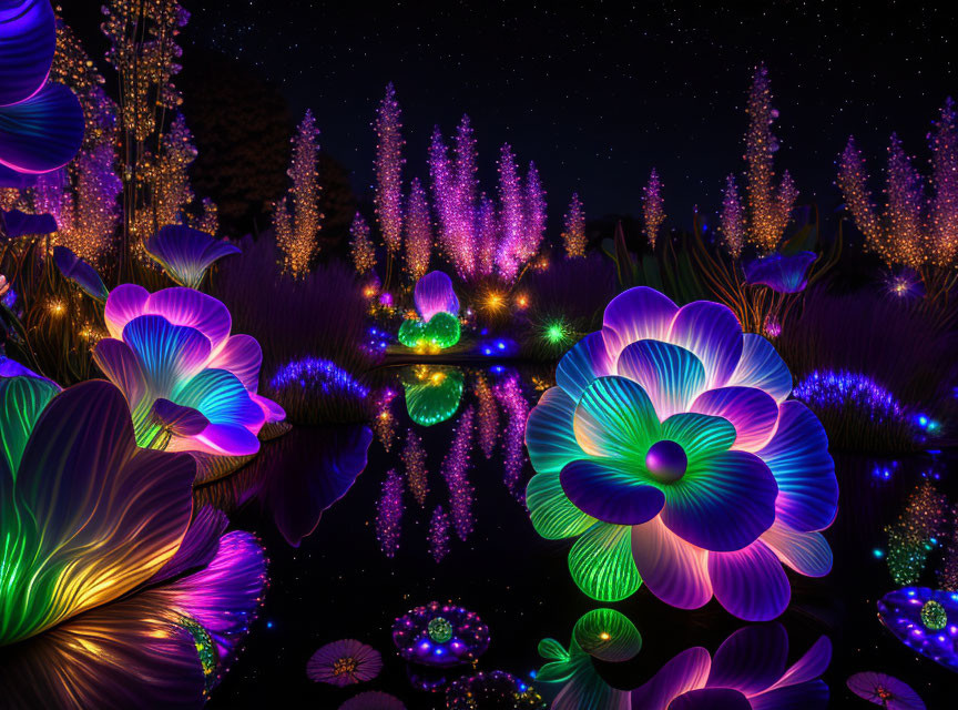 Luminous multicolored flowers in vibrant night garden