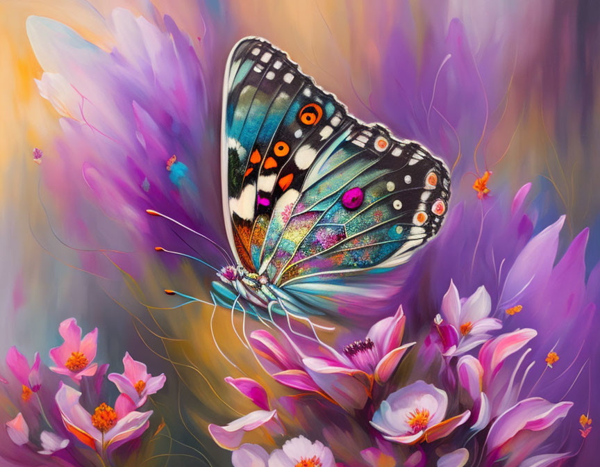 Colorful Butterfly Painting on Flowers with Soft Background