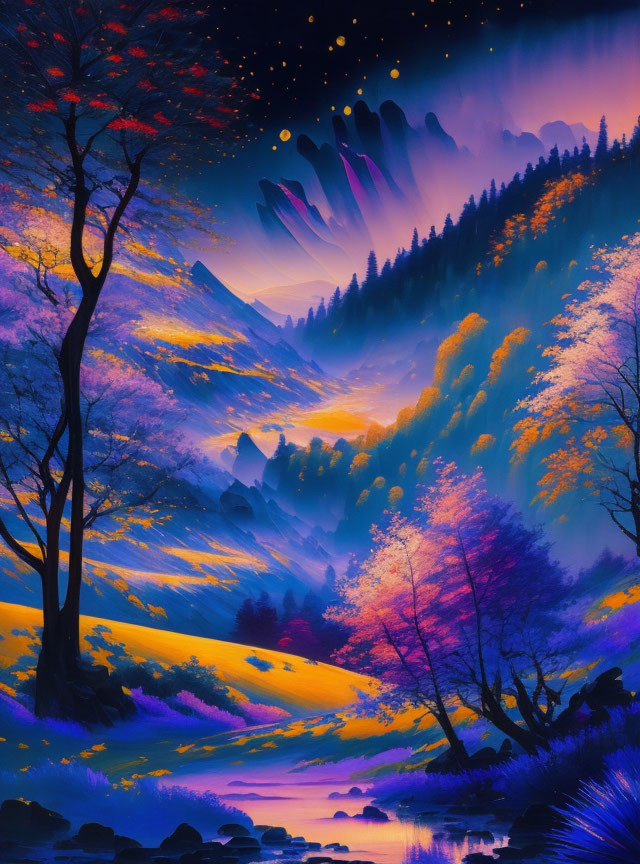 Vibrant digital artwork: otherworldly landscape with purple skies, glowing foliage, trees, floating