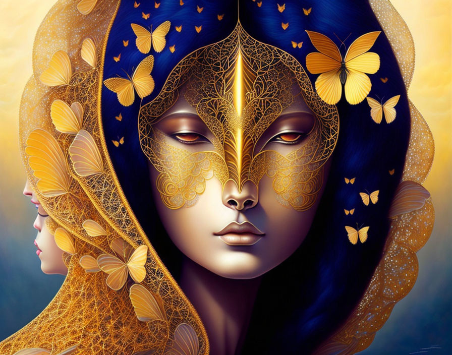 Surreal illustration of two female faces with golden patterns