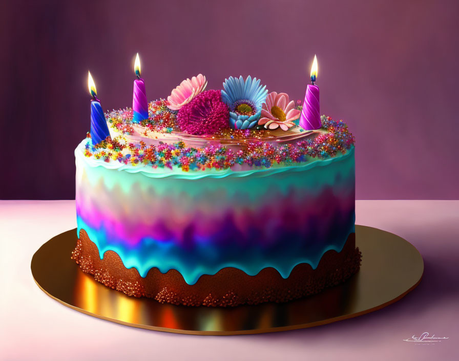 Colorful Birthday Cake with Blue and Purple Icing and Lit Candles