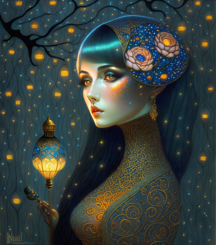 Illustration of woman with blue hair and lantern under starry sky