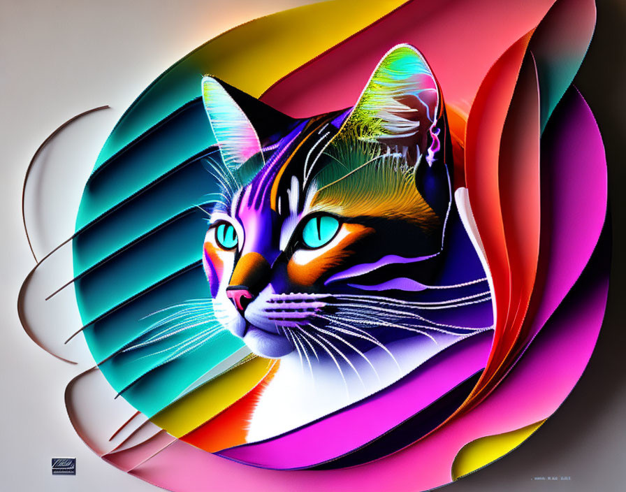 Vibrant digital artwork: stylized cat face with swirling patterns.