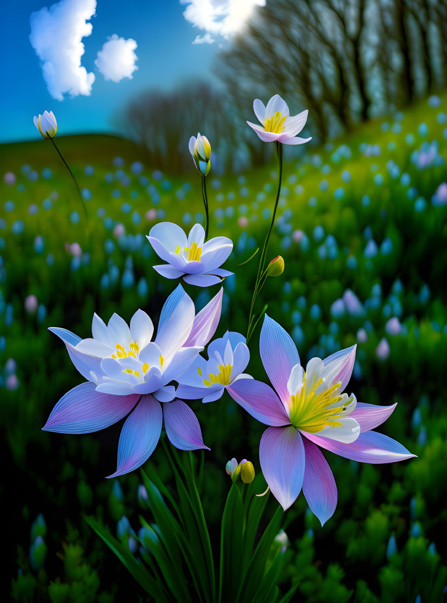 Vibrant violet-white flowers in green field under blue sky