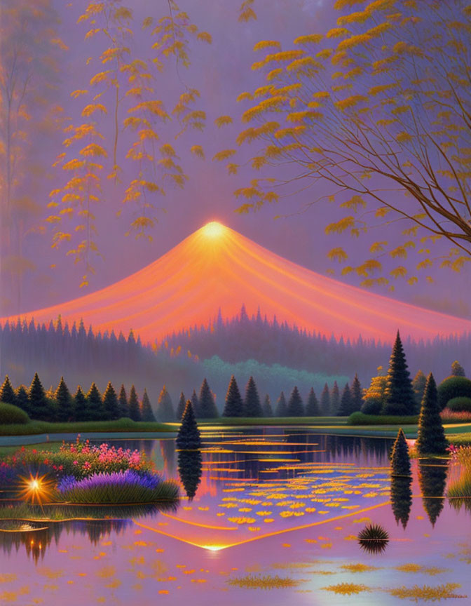 Tranquil lake at sunset with luminous mountain and lush surroundings