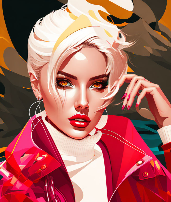 Stylized woman with platinum blonde hair in red jacket portrait.