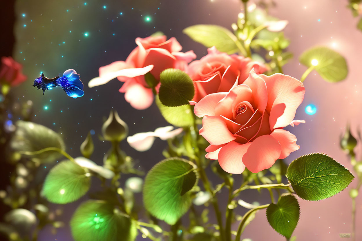 Colorful digital art: pink roses, blue hummingbird, cosmic background