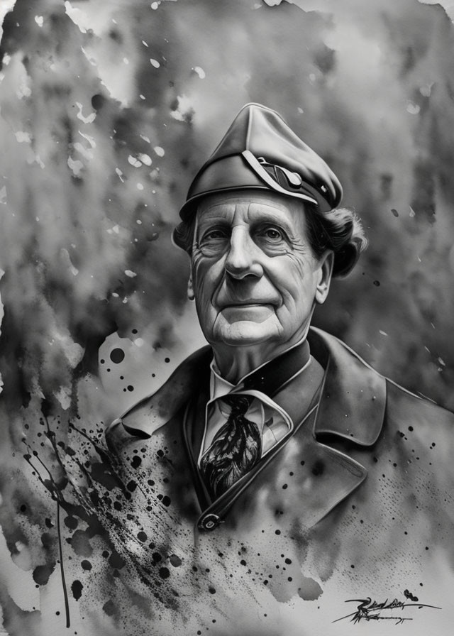 Monochrome portrait of elderly gentleman in military attire with ink splatters.