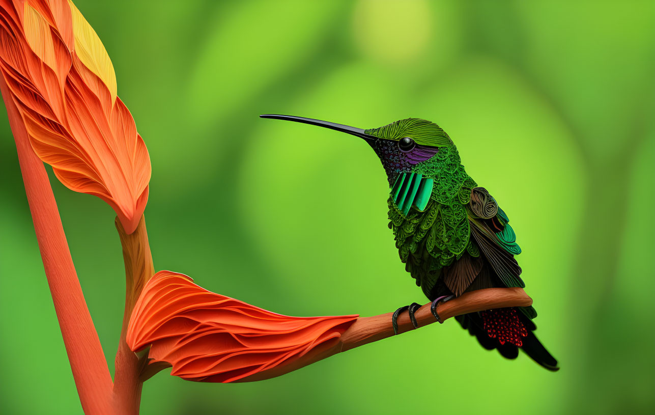 Colorful Hummingbird on Orange Flower in Green Background