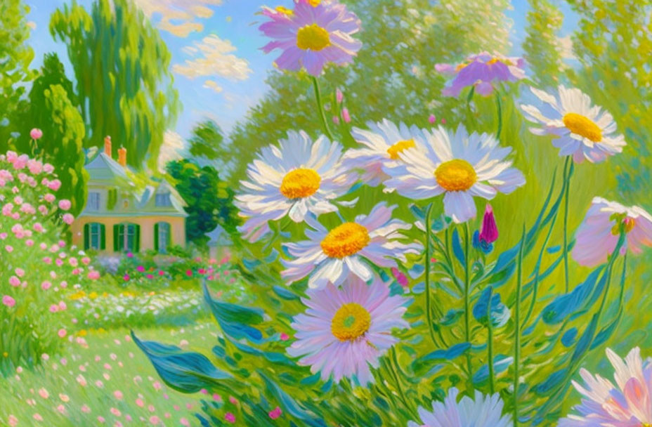 Colorful Impressionist Painting: Garden with Blooming Daisies and Quaint House