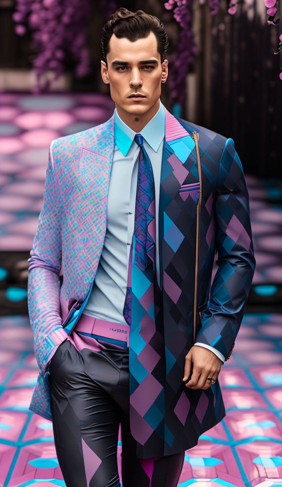 Stylish man in patterned suit against floral backdrop