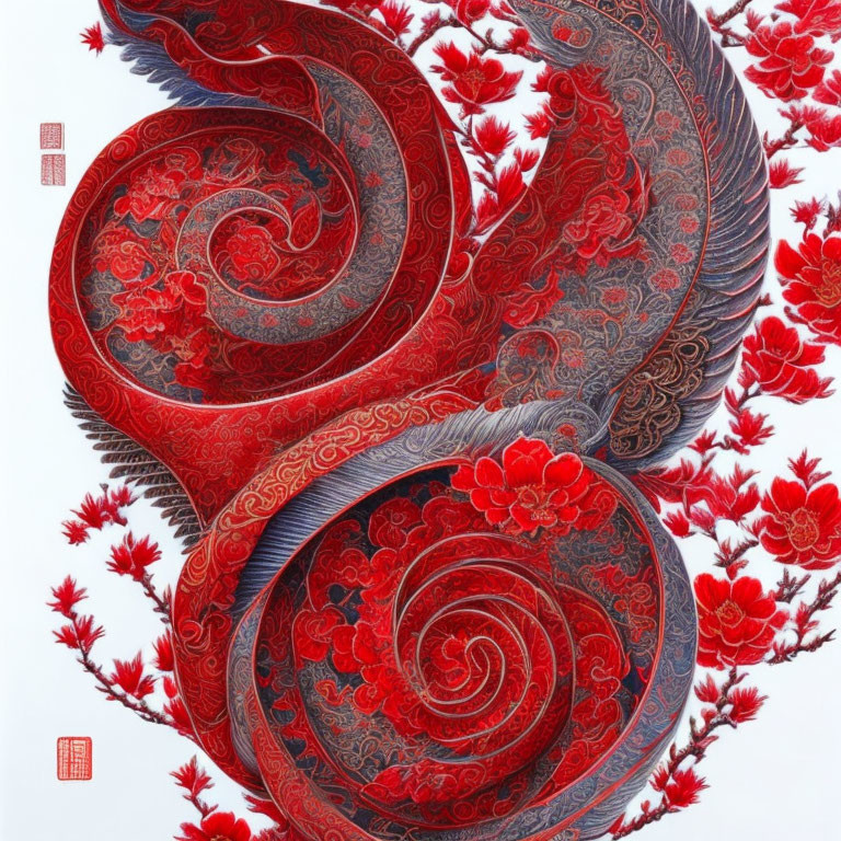 Detailed Red and Grey Artwork with Swirling Floral Motifs