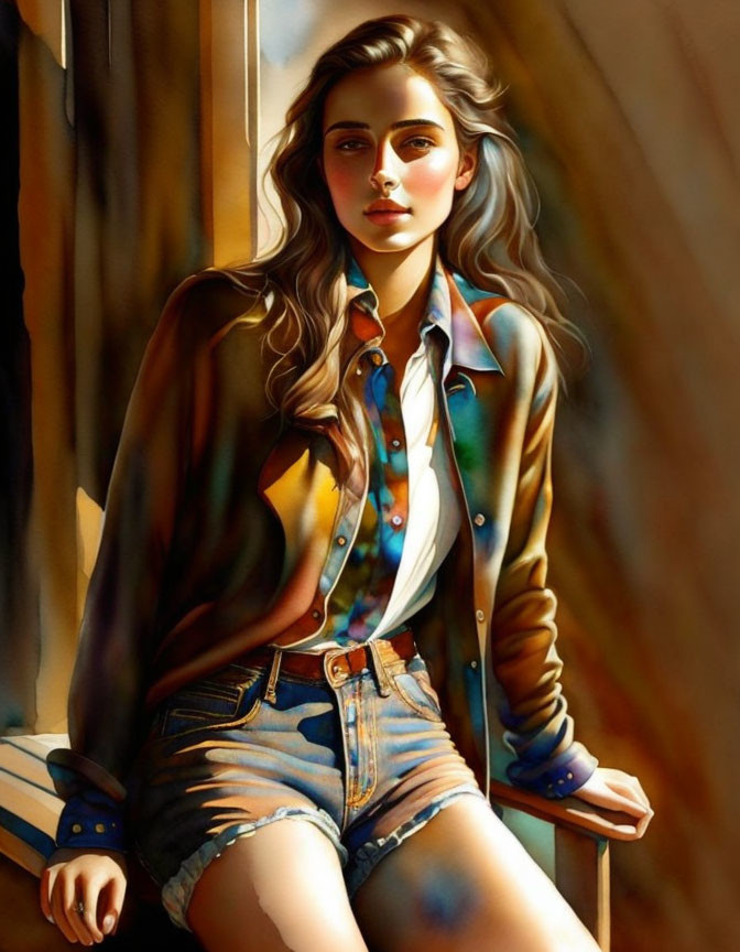 Digital artwork: Stylish woman in denim shorts and colorful blouse by window.