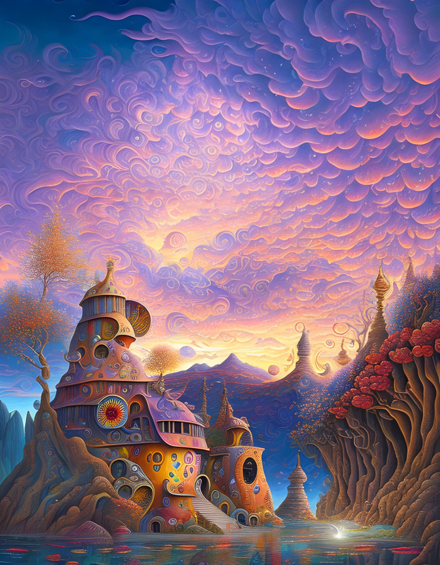 Colorful landscape with fantastical treehouse and purple skies by a river