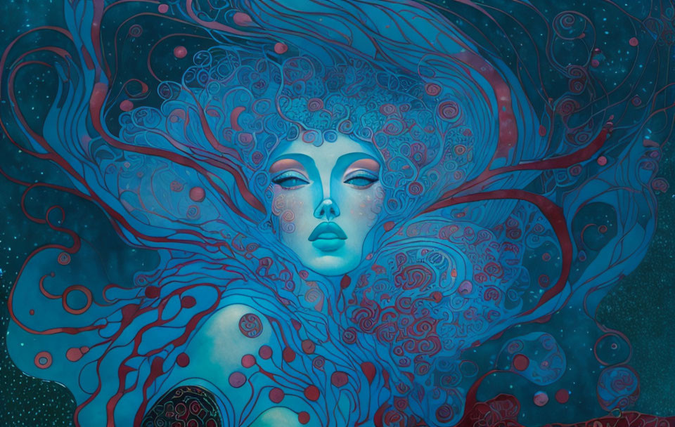 Surreal portrait of woman with blue skin and swirling red patterns on dark teal background