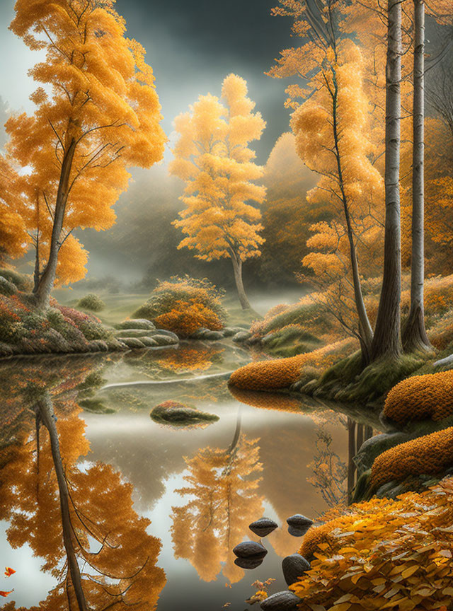 Tranquil autumn landscape with golden trees, calm pond, mossy stones, and misty forest