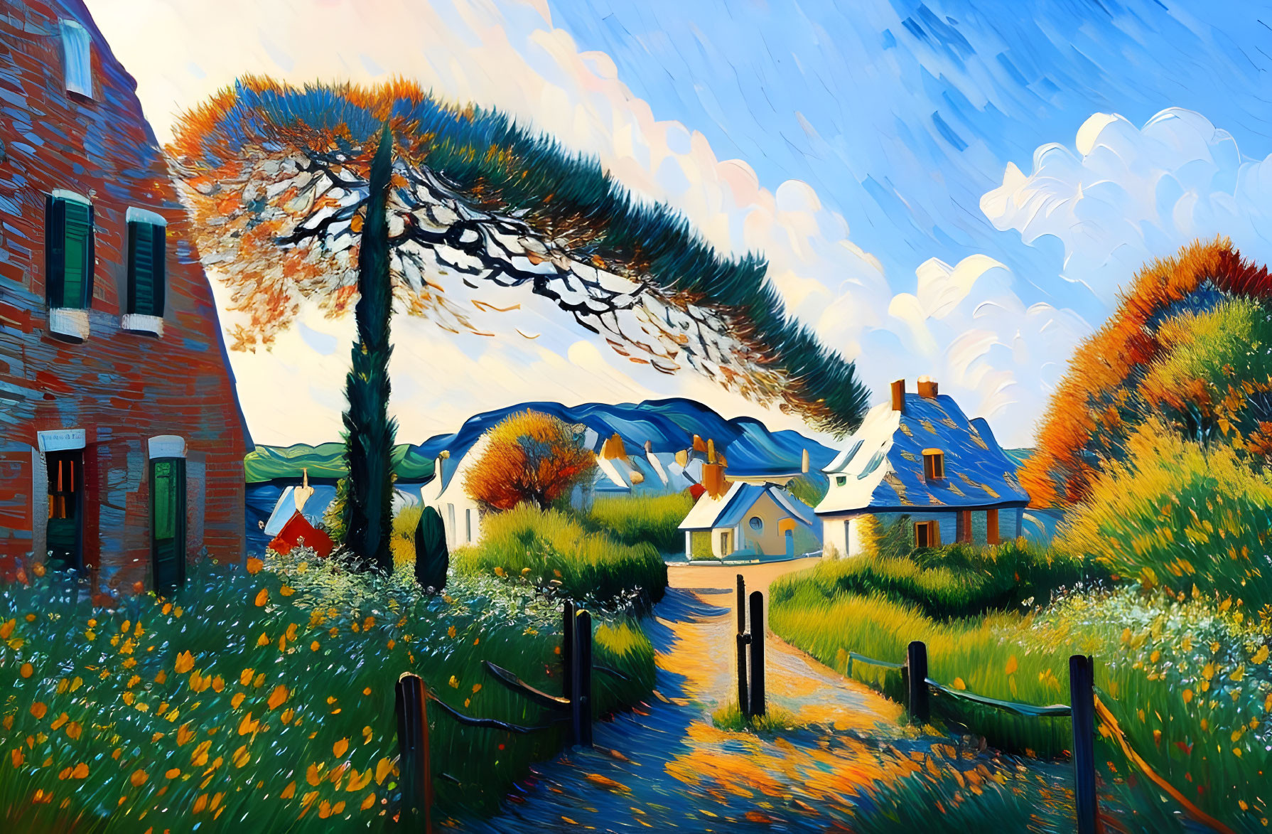 Colorful painting of a picturesque village with swirling sky