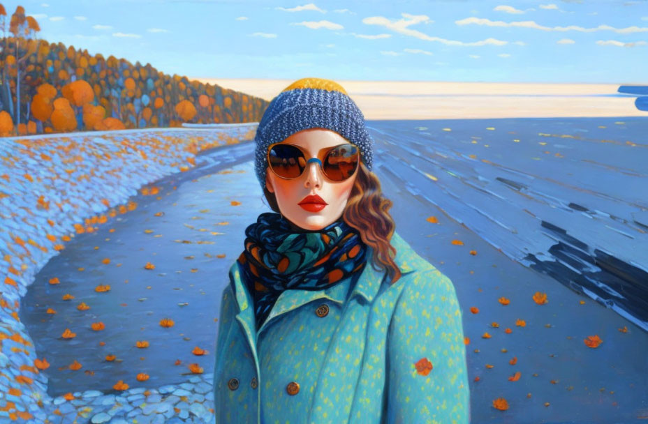 Woman in reflective sunglasses and blue hat on autumn road with trees and blue sky