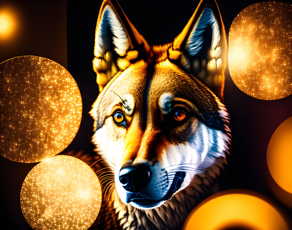 Vivid Close-Up Wolf Face Art with Glowing Orbs