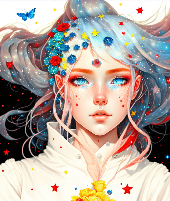 Colorful digital artwork: girl with blue hair, floral hair accessories, red freckles, blue