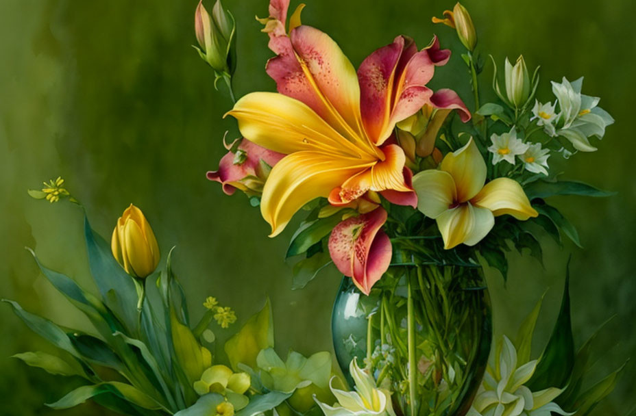 Colorful lilies and assorted flowers in glass vase on green background