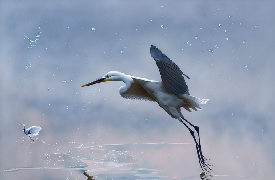 Great Egret in Flight Over Water with Droplets and Reflection