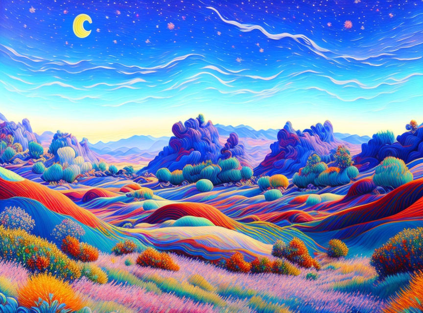 Surreal landscape with vibrant, rolling hills and whimsical flora