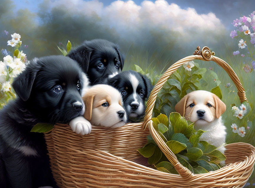 Five puppies in wicker basket with flowers on soft-focus background