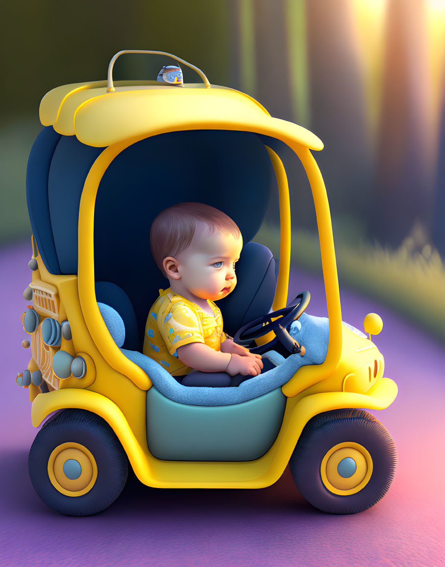 Baby sitting in yellow toy car under warm sun glow