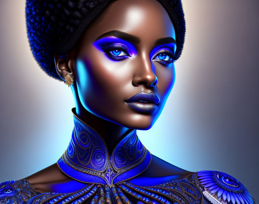 Digital artwork featuring woman in striking blue makeup and attire against gradient background.