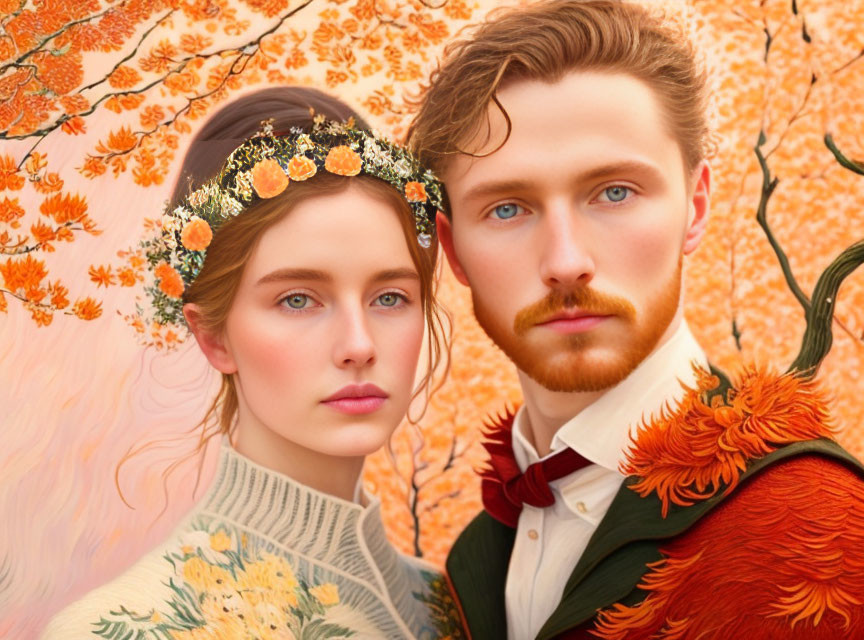 Ornate Autumn-Themed Attire on Two Individuals