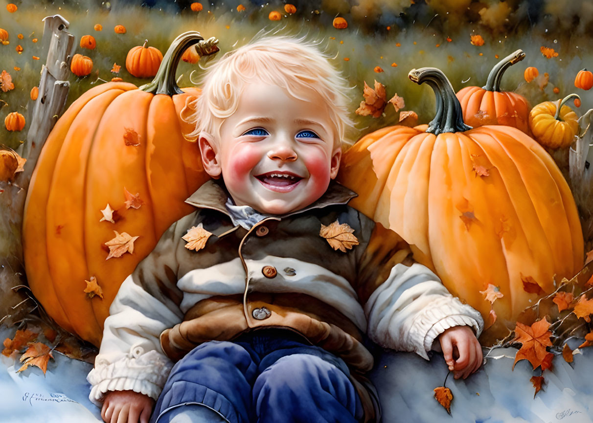 Blond Toddler Smiling Among Autumn Pumpkins