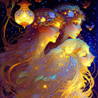 Ethereal women in floral crowns and ornate dresses under glowing lantern