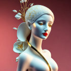 Stylized female figure with porcelain skin and golden details on red background