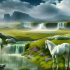 White horse by waterfalls in lush green landscape with mountains