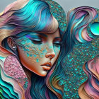 Colorful digital artwork: Woman with teal hair and floral patterns