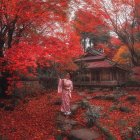 Asian-style temple surrounded by cherry blossoms, stone path, pond, and vibrant flora in serene illustration