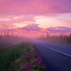 Colorful Landscape with Winding Road to Mountain at Sunset