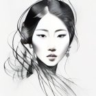 Ethereal woman portrait with stylized hair and translucent scarf