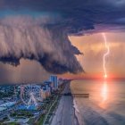 Stormy Seascape with Lightning and Sunset Glow