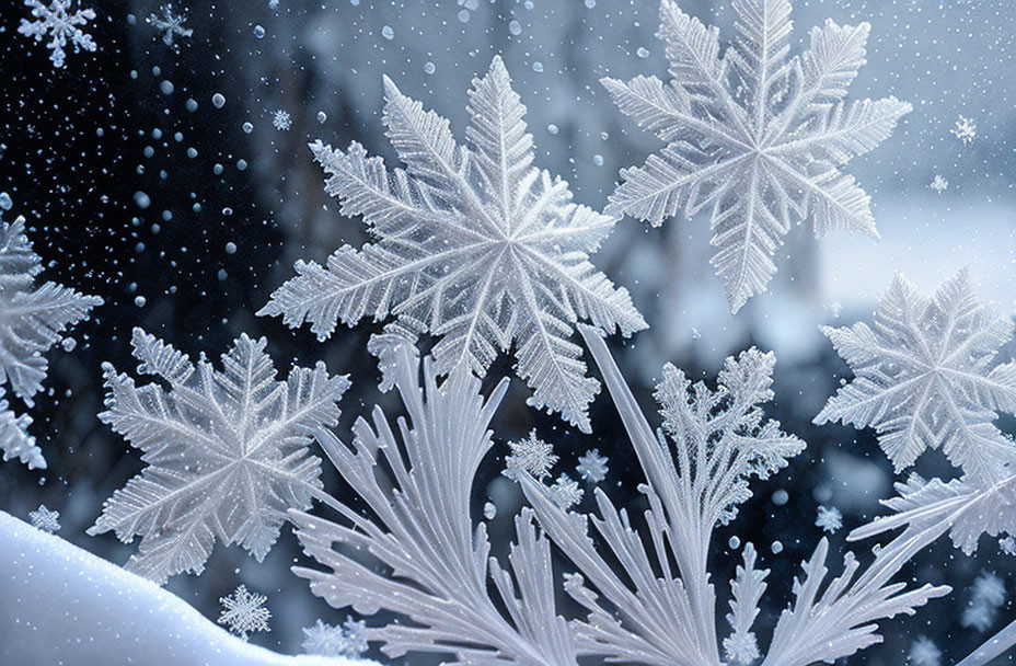 Detailed Snowflake Patterns on Snowy Background