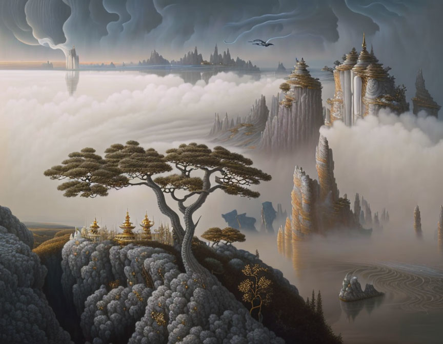 Fantastical landscape with solitary tree, towering rocks, ornate buildings, and flying creatures