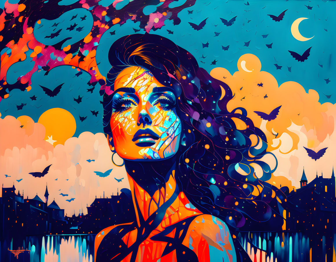 Colorful digital art: Woman's face, butterflies, night sky, birds, city silhouette, celestial