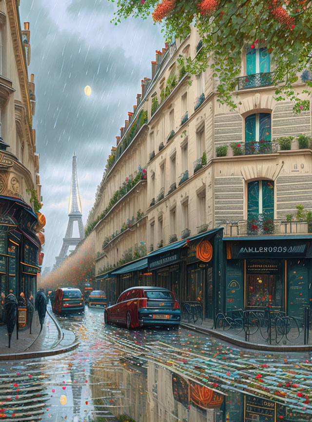 Rainy Paris Street Scene with Eiffel Tower and Umbrellas